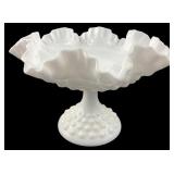 Fenton white milk glass hobnail compote with ruffl