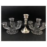 Pair of Glass Candelabras and Weighted Candlestick