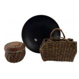 Mixed Lot of Three; Woven Baskets and Wooden Bowl