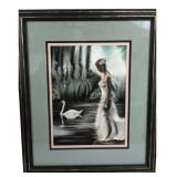 Linda Wisely Signed Framed Artwork, Swan and Woman