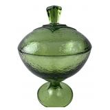 Green Hammered Glass Pedestal Candy Dish with Lid