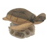 Carved Wooden Sea Turtle Figurine on Coral Base Mi