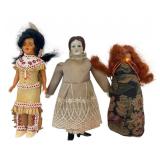 Three Vintage Small Dolls China Head & Folk Art