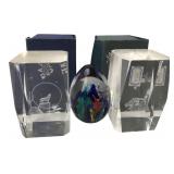 Art Glass Egg & 2 Laser Etched Glass Paperweights
