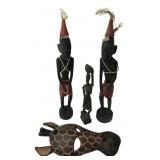 African Style Carved Wood Figures and Giraffe Mask