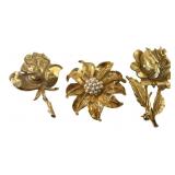 VTG Gold Tone Floral Brooches (Set of 3)