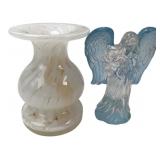 White Swirl Art Glass Vase & Blue Angel Figurine