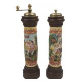 Italian Ceramic and Wood Pepper Mill Pair, 10" H