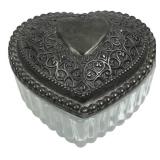 Heart-Shaped Pressed Glass and Metal Trinket Box