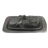 Pewter-Style Metal Butter Dish with Wheat Motif