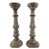 Pair Distressed Turned Wood Candlesticks 16" H