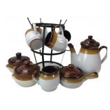 3-Tone Stoneware Tea Set with Metal Stand