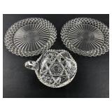 3pc Clear Pressed Glass Plates & Handled Nappy