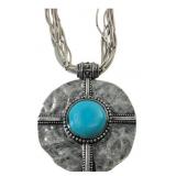 Silver Tone Medallion Necklace with Turquoise Ston