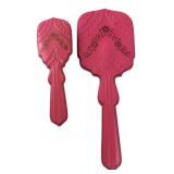 Pink Plastic Vanity Brush and Mirror Set