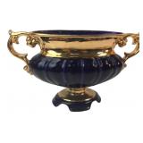 Blue and Gold Ceramic Pedestal Bowl with Handles