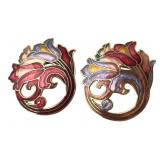 Pair of Enamel Floral Brooches