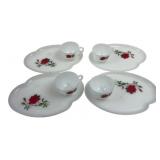 Milk Glass Red Rose Snack Sets