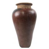 Wooden Vase with Woven Rattan Rim