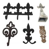 Cast Iron Fleur-de-Lis Wall Hooks & Decor Lot