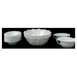 10pc White Milk Glass Bowls & Creamer Set
