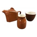 Hall China Brown Teapot Creamer & Sugar Set