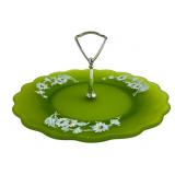 Satin Green Glass Tidbit Tray with Daisy Motif