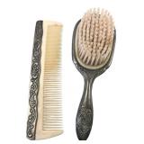 Ornate Silver-Tone Vanity Brush & Comb Set