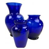 Set of Three Cobalt Blue Glass Vases