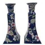 Pair of Blue Floral Ceramic Candlesticks 8.5" H