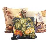 Three Figural and Fruit Tapestry Pillows