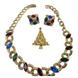 Gold-Tone Multi-Stone Costume Jewelry Set & Pin