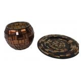 Brown Mosaic Glass Candle Holder & 7.5" Plate