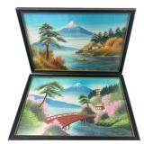 Pair Japanese Silk Embroidery Mt Fuji Art