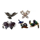 VTG Rhinestone & Enamel Bird & Butterfly Brooches