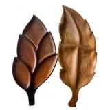 Two Carved Wood Leaf Divided Serving Platters