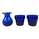 Cobalt Blue Glass Creamer and Two Cups