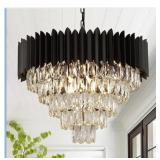 Modern Black Metal & Crystal 3-Tier Chandelier