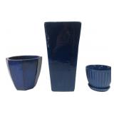 Three Blue Glazed Ceramic Planters 5-14.5" H