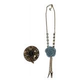 Floral Brooch & Blue Rose Rhinestone Necklace