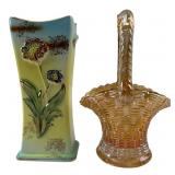 Floral Ceramic Vase & Carnival Glass Basket