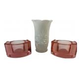 Milk Glass Starburst Vase & Pink Candle Holders