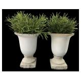 Pair White Stone Pedestal Urns w/ Faux Plants