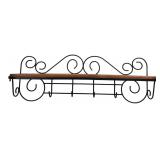 Wood & Metal Scrollwork Wall Shelf w/ Hooks
