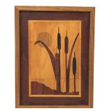 Framed Cattails Wood Marquetry Artwork
