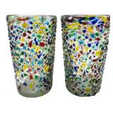 Pair Hand-Blown Confetti Art Glass Tumblers 6" H