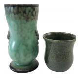 Green Glazed Art Pottery Vase & Cup