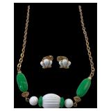 Avon Green & White Beaded Necklace & Earring Set