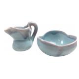 Miniature Blue Glazed Ceramic Pitcher & Bowl
