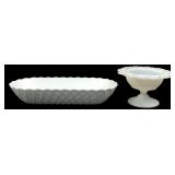 Vintage Milk Glass Basketweave Dish & Footed Bowl